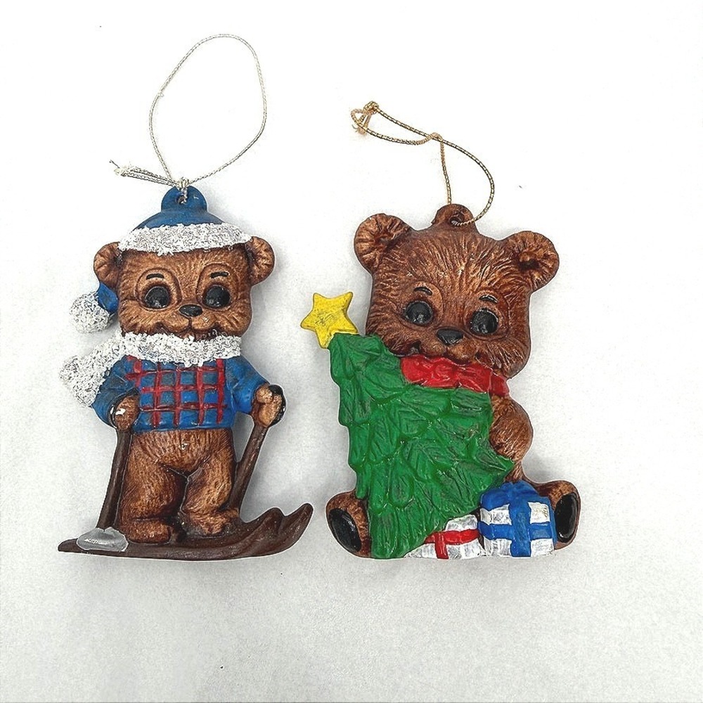 Teddy Bear Christmas Ornaments Hand Painted VTG Skiing & Tree 2pc
